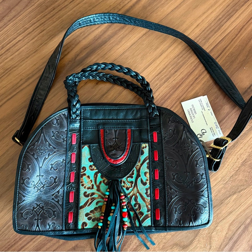 NWT D'onofrio Leather Designs Black Embossed Leather Handbag Southwest Style